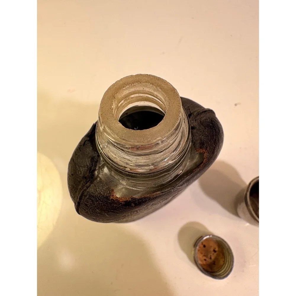 Antique Glass Hip Flask Leather Wrapped Metal Cup Cap Pocket Spirit Bottle 5.5in